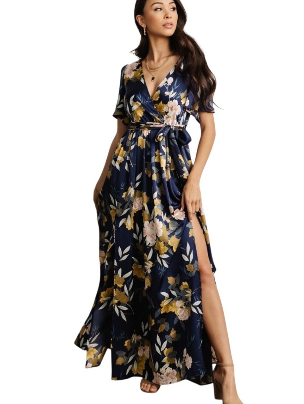 Baltic Born Maxi Dress Sz L Navy Floral Satin Slits Faux Wrap Dark Romantic Boho